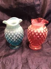 VTG Fenton Lot of 2 Opalescent Hobnail Mini Vases -1 Is Blue , 1 Is Cranberry.
