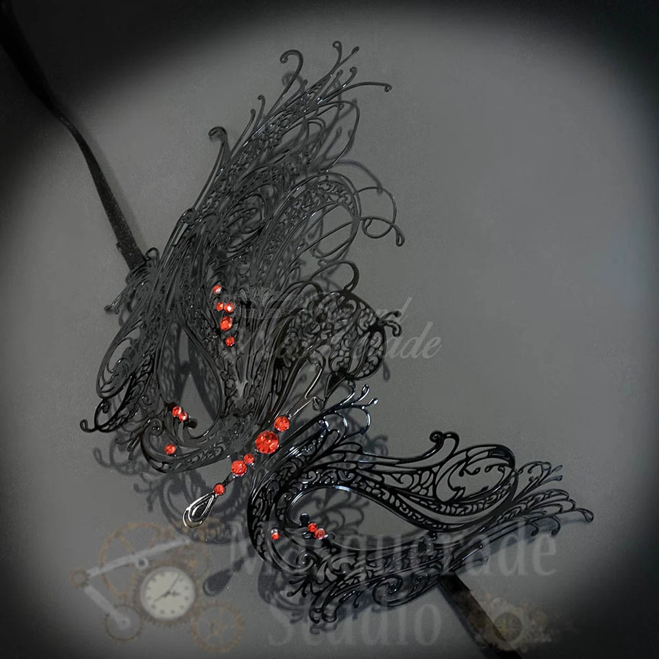 Womens Beautiful Swan Filigree Venetian Black Masquerade Mask [Red Rhinestones] - Image 3 of 4