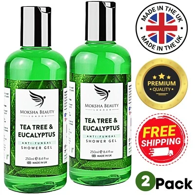 MOKSHA BEAUTY Tea Tree Shower Gel Body Wash Antifungal Soap - Made In UK - 2 x 250ml