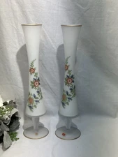 Pair Vtg 15” Norleans Satin Frosted Glass Footed Bud Vase Hand Painted Flowers