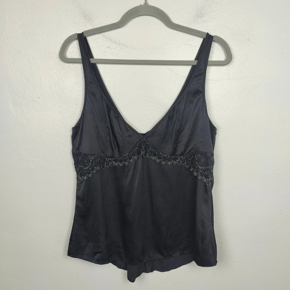 Vintage Y2K Elle Macpherson Intimates Silk Tank Top Womens Medum Black Lace - Image 2 of 4