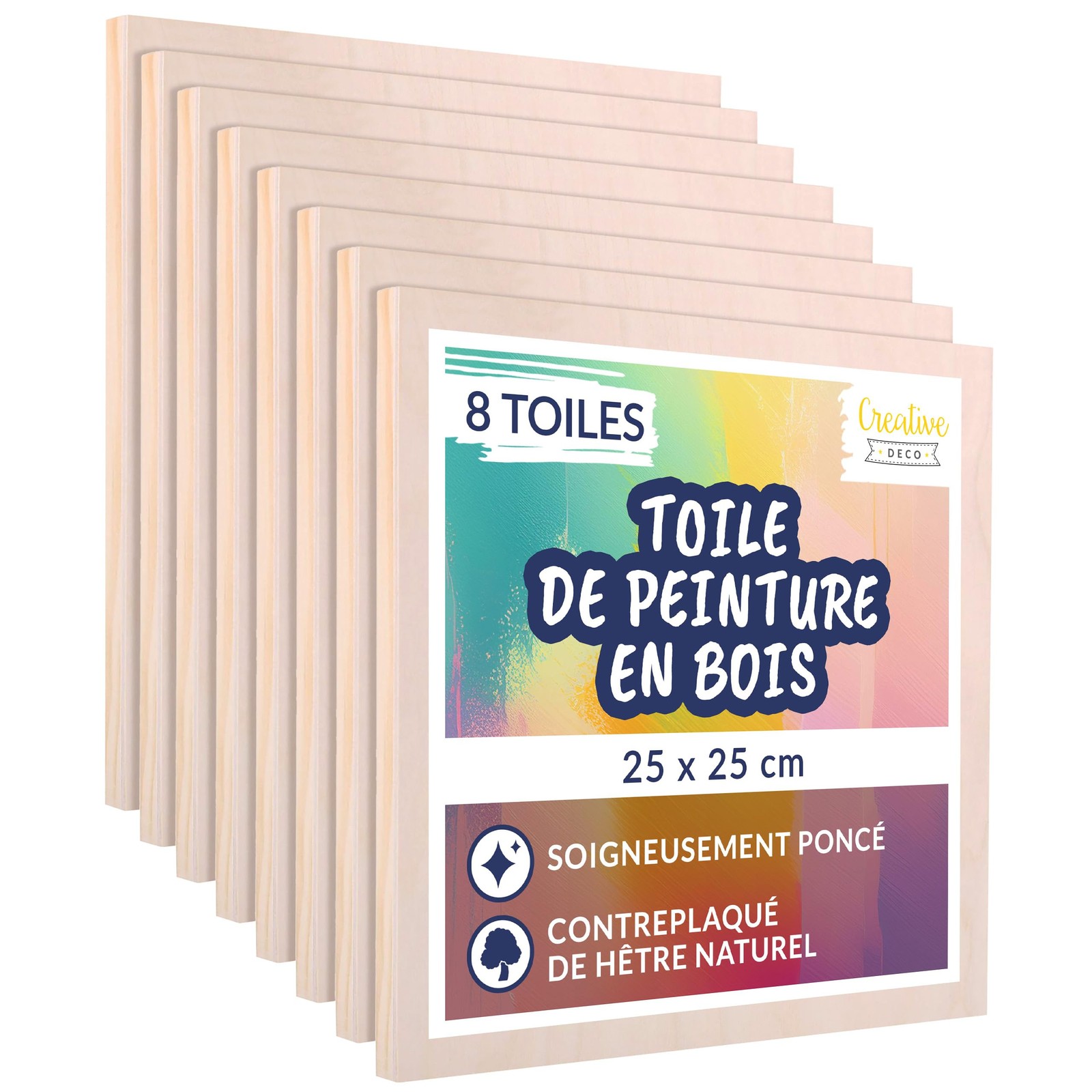 Lot de 8 toiles à peindre en bois 25x25 cm pour gouache et aquarelle