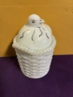 Vintage Chick In Egg In Basket. Milk Glass 3” X 2”