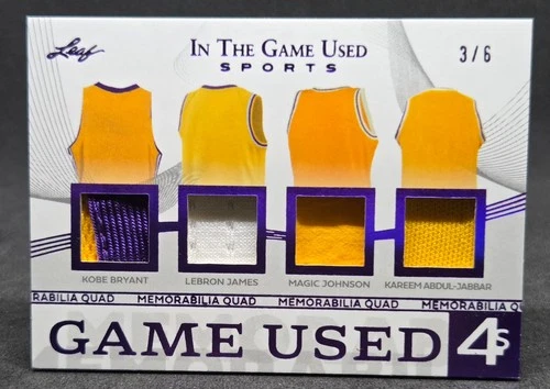 KOBE - LEBRON - MAGIC - KAREEM 2025 LEAF IN THE GAME USED 4 PIECE RELIC 3/6 NICE