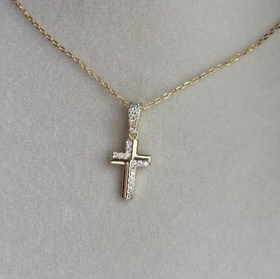 14k Solid Gold Minimalist Diamond Religious Necklace Vermeil Cross Charm Gifts