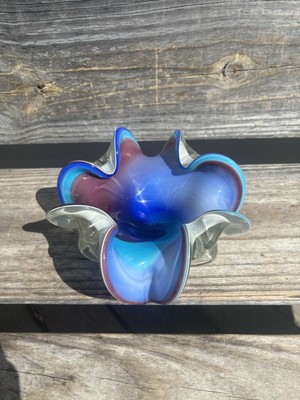 Vintage Murano Glass Ashtray with Swirl Purple And Blue Colors