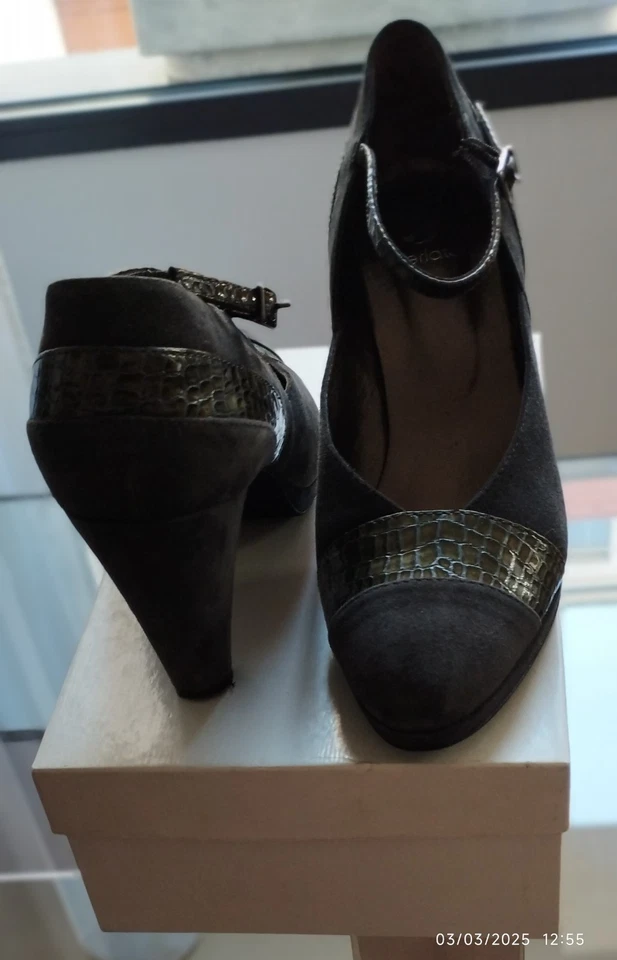 PERLATO Escarpins à brides en daim gris véritable et détails en lézard T40 - Photo 2/3