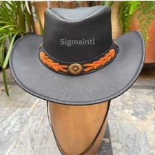 Black Genuine Leather Cowboy Hat Western Wide Brim Biker Ranch Men Women USA