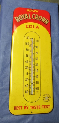 Vintage RC ROYAL CROWN COLA Soda Thermometer Tin Sign~Red/Yellow Half Moon ~ WOW