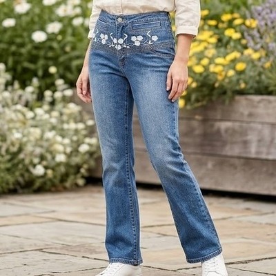 Adolfo Jeans Womens 8 Medium Wash Floral Embroidered Y2K Flare Denim Pants RARE