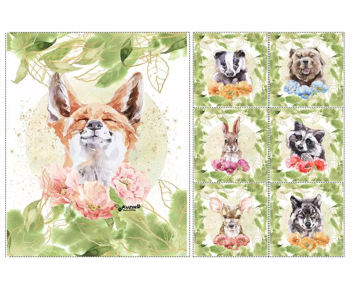 Quilting fabric panel set forest animals. Quilting panels set. Cotton panels