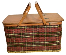 Vintage 50s Redmon Peru Indiana Picnic Basket & Insert Mid Century Tartan Plaid