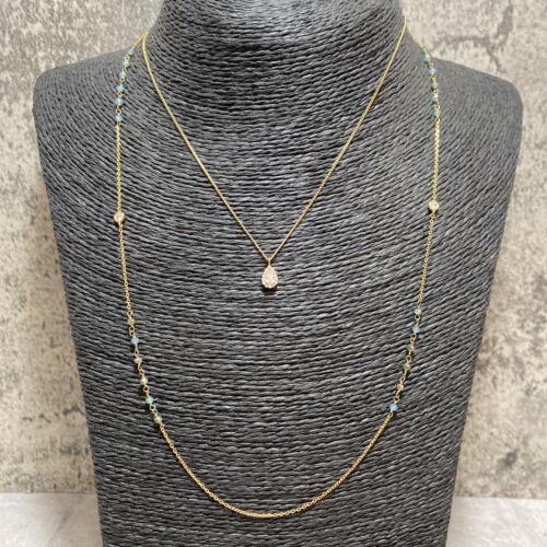 ACCESSORIZE Z Crystal Teardrop Necklace Gold Plate Layering Blue Beads NWT