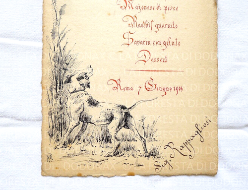 ANTICO MENU DIPINTO A MANO ROMA 1906 CANE CUCINA RICETTA VINTAGE DISEGNO - Imagen 2 de 3