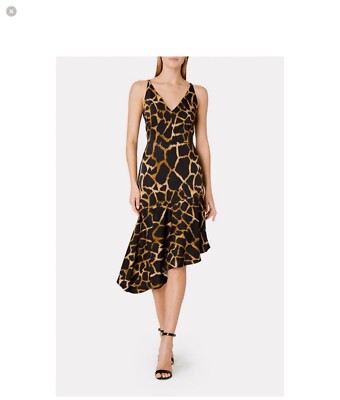 Milly Women Black ''Dashielle'' Giraffe Print Hi Low Fit Flare Midi Dress 6 Nwt