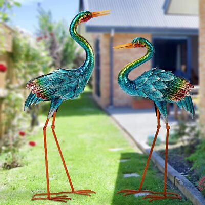 Garden Crane Statues for Outdoor Metal Blue Heron Decor Standing Sculptures 2Pc