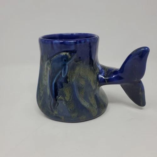 VTG Doug Wylie Whale Dolphin Tail Coffee Mug Cup Blue Ceramic Art Pottery  Glaze