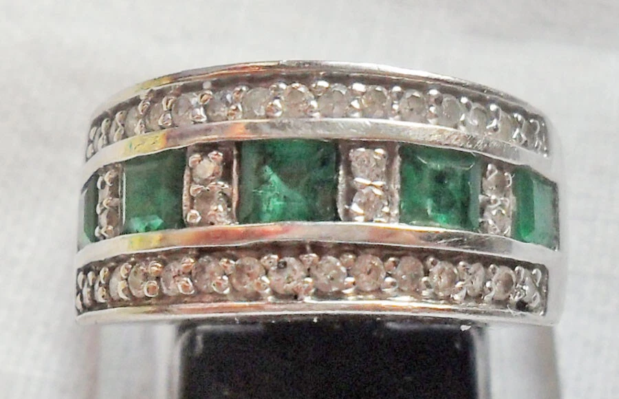 Anillo de diamantes y esmeraldas naturales de oro de 14 quilates ~ Reino Unido N-0 EE. UU. 6,5 -7 ~ 8,1 g ~ R0304 Foto 2 de 4