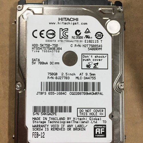 HITACHI 750GB Laptop Hard Drive HDD 2.5" 5400RPM SATA 3Gb/s 8MB Cache 5K750-750