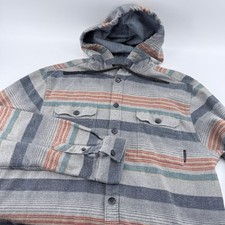 Billabong Mens L Hooded Flannel Shirt Large Grey Blue Striped Button Up Hoodie