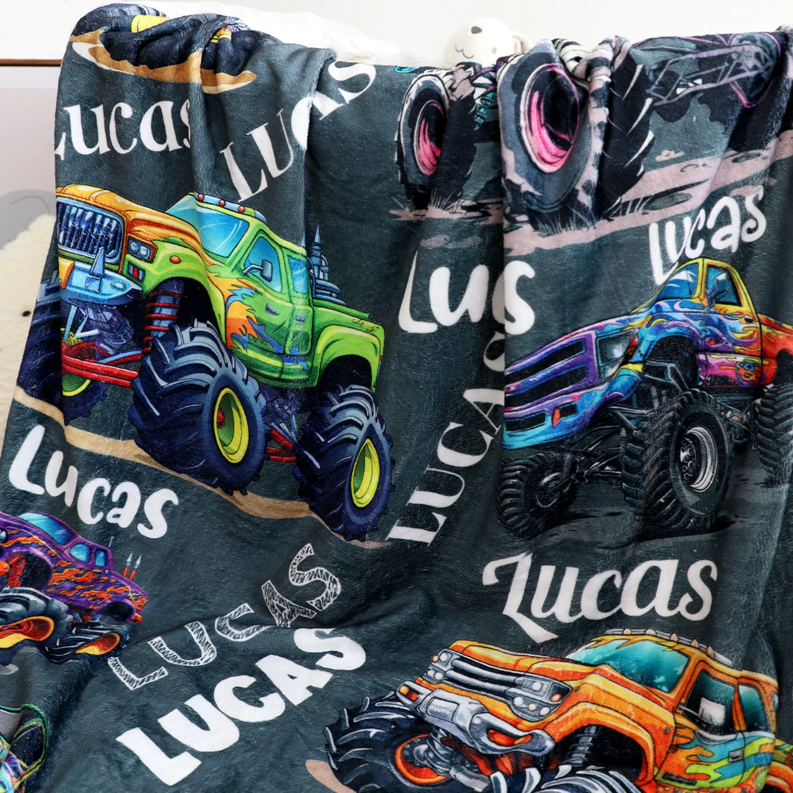 Personalized Monster Truck Fleece Blanket, Kids Gift