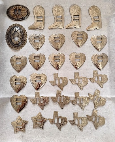 30 Vintage Western Bolo Conchos Silver Tone Hearts Texas Stars Boots Crafts