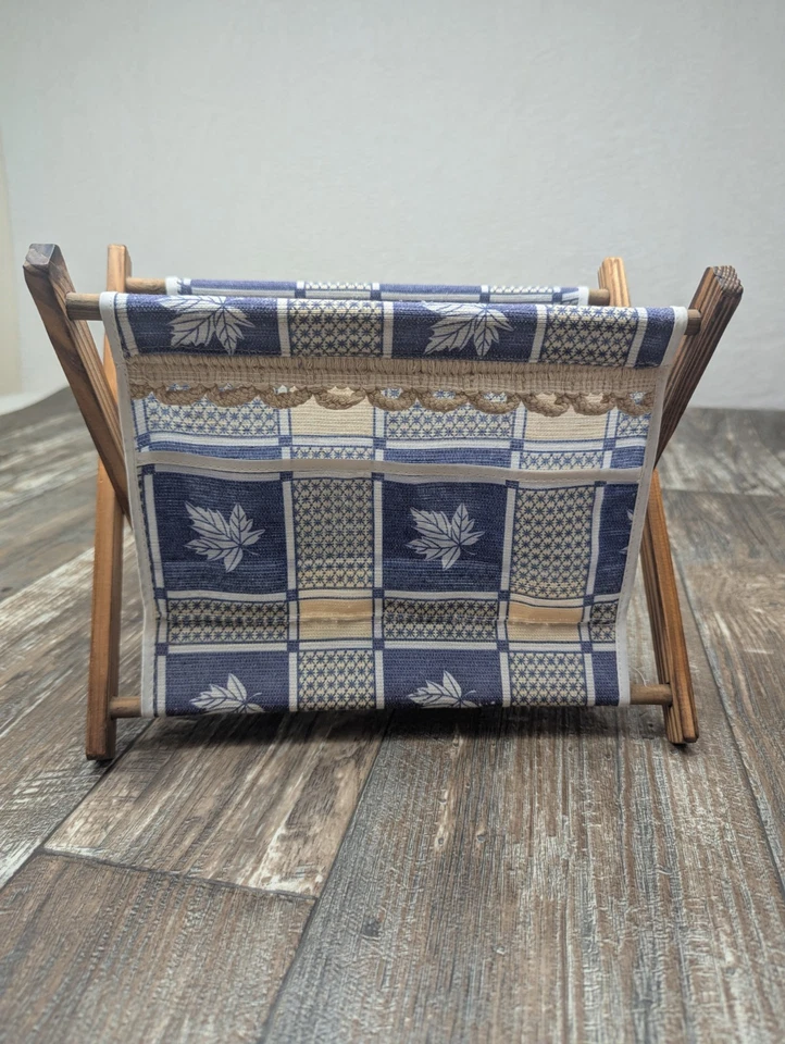   Cesta de pinzas para ropa. Plegable. Madera. Patrón de hoja azul amarillo. Vintage Foto 4 de 4