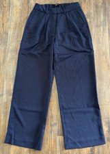 Quince Stretch Crepe Pleated Wide Leg Trouser Pants Navy Blue Elastic Waist Sz 6