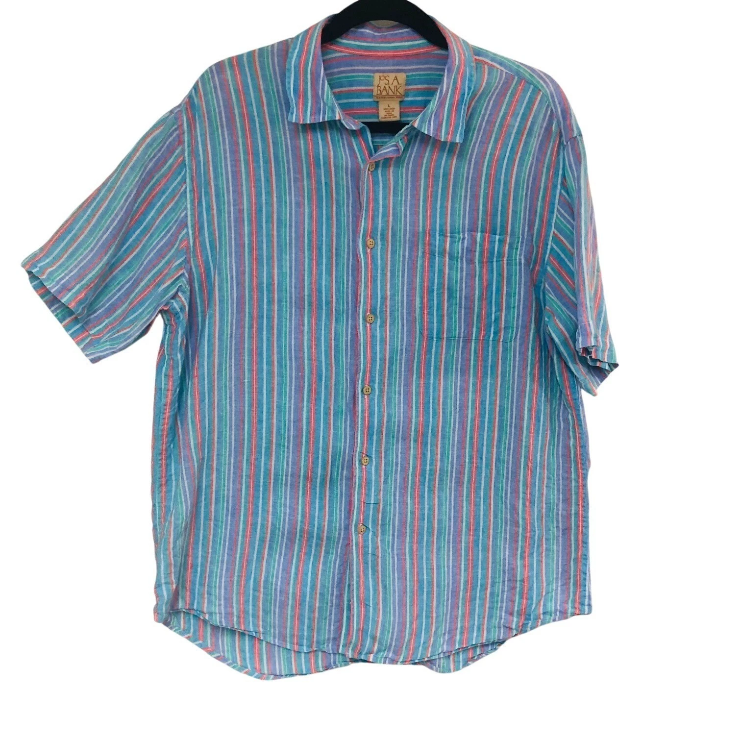 Jos. A. Bank Linen Striped Shirt Mens L Short Sleeve Preppy Coastal Lightweight