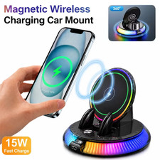 360 Rotating 15W Wireless Car Charger Phone Mount with Ambient RGB Light Holder