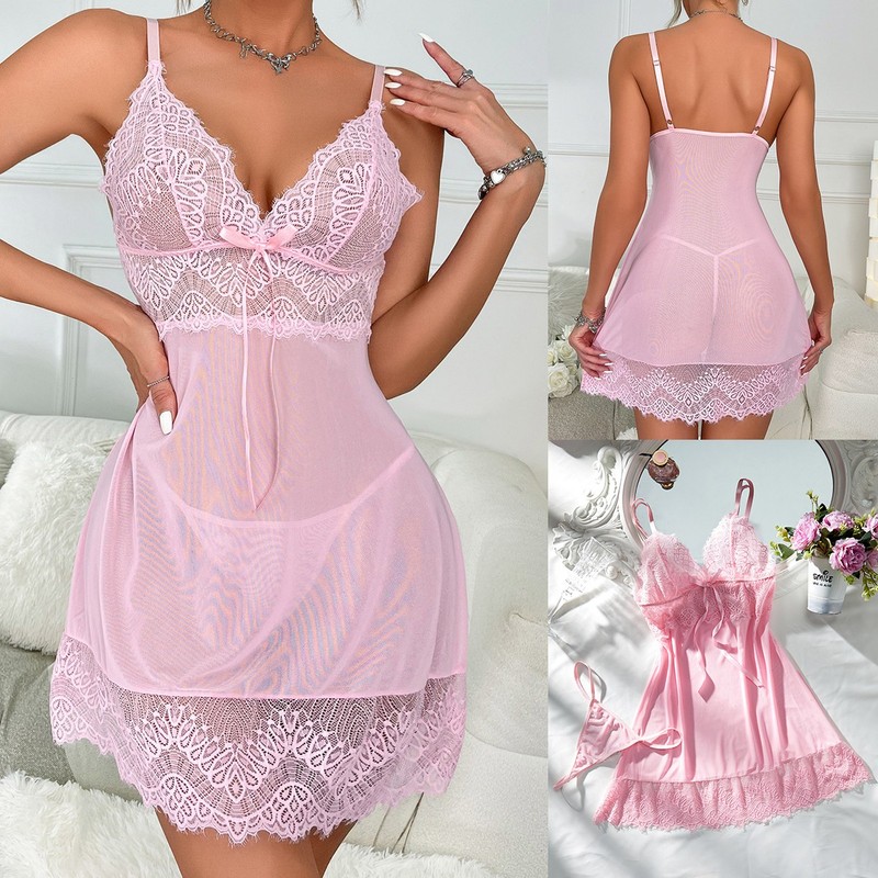 Pink Women's Sexy Dress Lingerie V-neck Chemise Babydoll Sleepwear Nighty Size-M