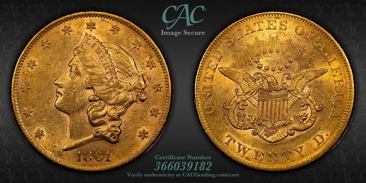 AU 55 Graded 1861 Year Double Eagle $20 US Gold Coins (Pre - 1933