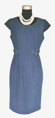 Calvin Klein Dress Sz 4 Denim Blue Women's Midi Sheath Buckles Cap Sleeves NEW