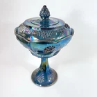 Indiana Glass Compote Bowl Carnival Harvest Grape Iridescent Blue With Lid VTG