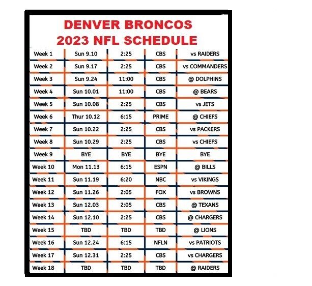 2023 Denver Broncos Mountain Time NFL Football Schedule Fridge Magnet