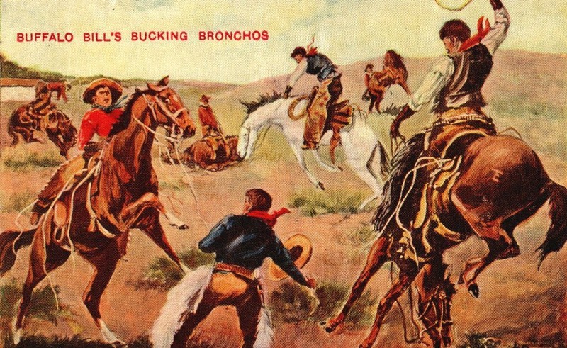 *BUFFALO BILL WILD WEST TWO ORIGINAL 1899 POSTCARDS INDIANS BUCKING BRONCOS*