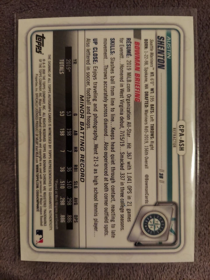 2020 Bowman Chrome 1st Austin Shenton Mariners Prospect Refractor Auto #CPA-ASH - Image 2 of 2
