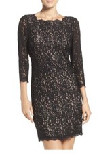 Adrianna Papell Cocktail Sheath Dress Sz 4 Black w/Nude Lining Lace 3/4 Sleeves