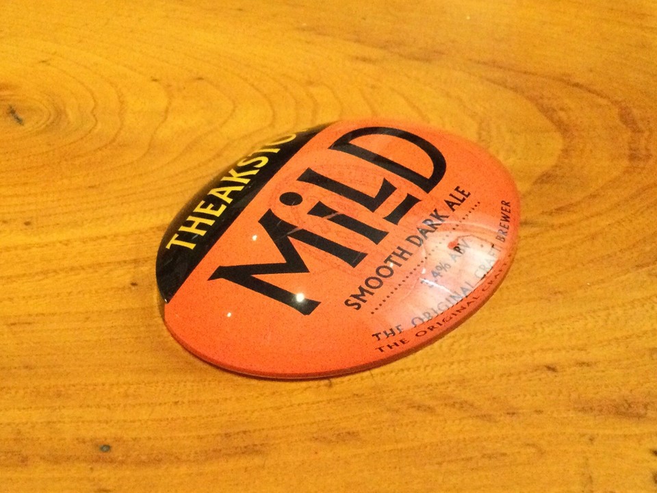 Theakston Mild Smooth Dark Ale OVAL Fisheye badge, Beer Font Pump Bar