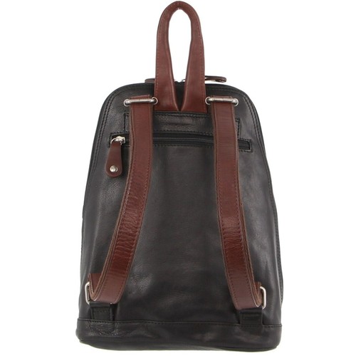 Milleni Ladies Genuine Italian Leather Backpack Bag Twin Zip - Black/Chestnut - Picture 2 of 3