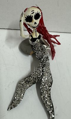 Vintage Paper Mache Day of the Dead Skull Mermaid Decor Hand Painted Sequence