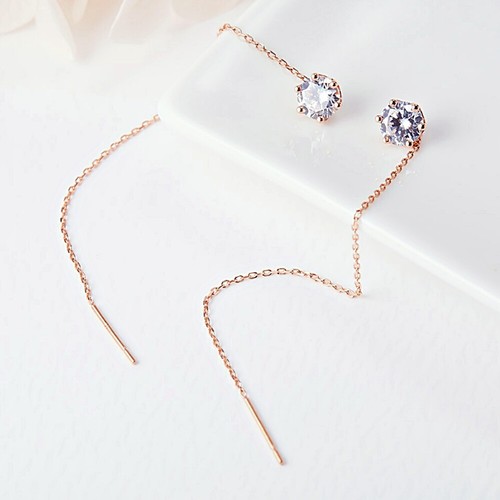JNK 14K Solid Gold 2color Simple Cubic Long Drop Dangle Threader a Pair Earrings - Picture 3 of 13