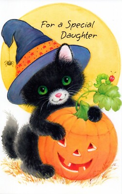 Cute HALLOWEEN Card FOR DAUGHTER, Black Cat Witch Pumpkin - Gallant ...
