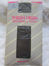 VINTAGE NOS MERVYN'S THIGH HIGH STOCKINGS W LYCRA BLACK M/T NUDE TOE 5'7"-6'3"