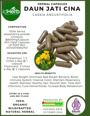 [idHerb] 100-500 CAPSULES Daun Jati Cina Cassia angustifolia WildCrafted  