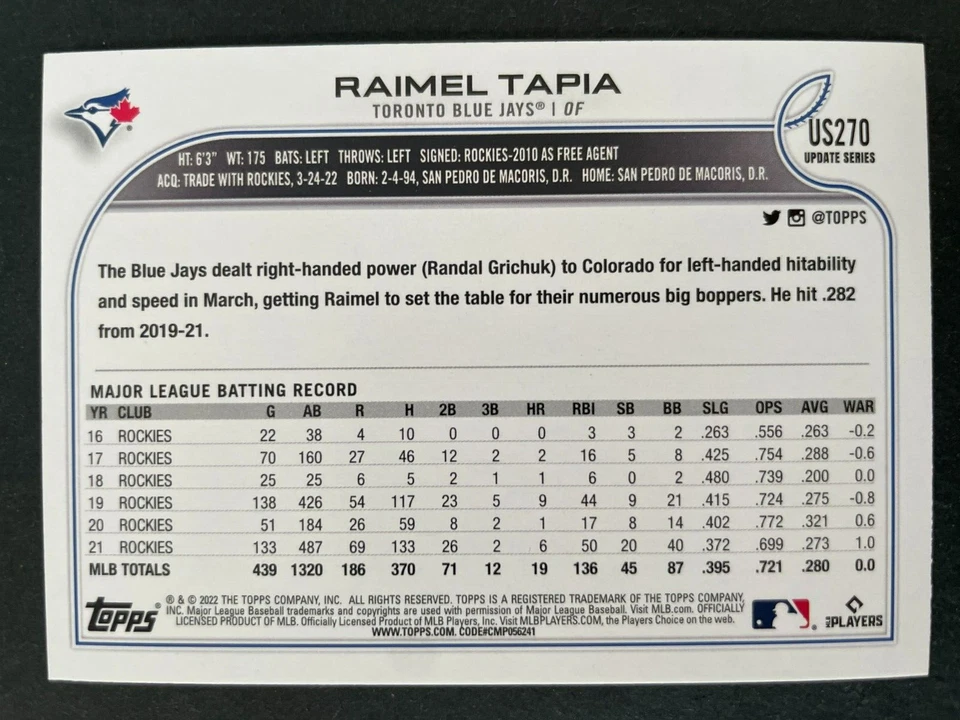 Raimel TAPIA 2022 Topps Update Series #US270 Toronto Blue Jays - Image 2 of 2