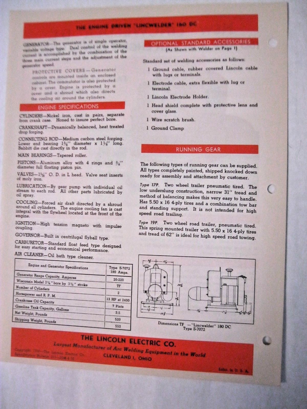 Lincoln 180 Amp. Engine Driven DC Welder Brochure eBay