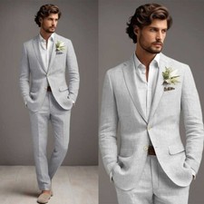 Linen Men Suits Single Breasted Notch Lapel Formal Prom Groom Spring Summer Wear