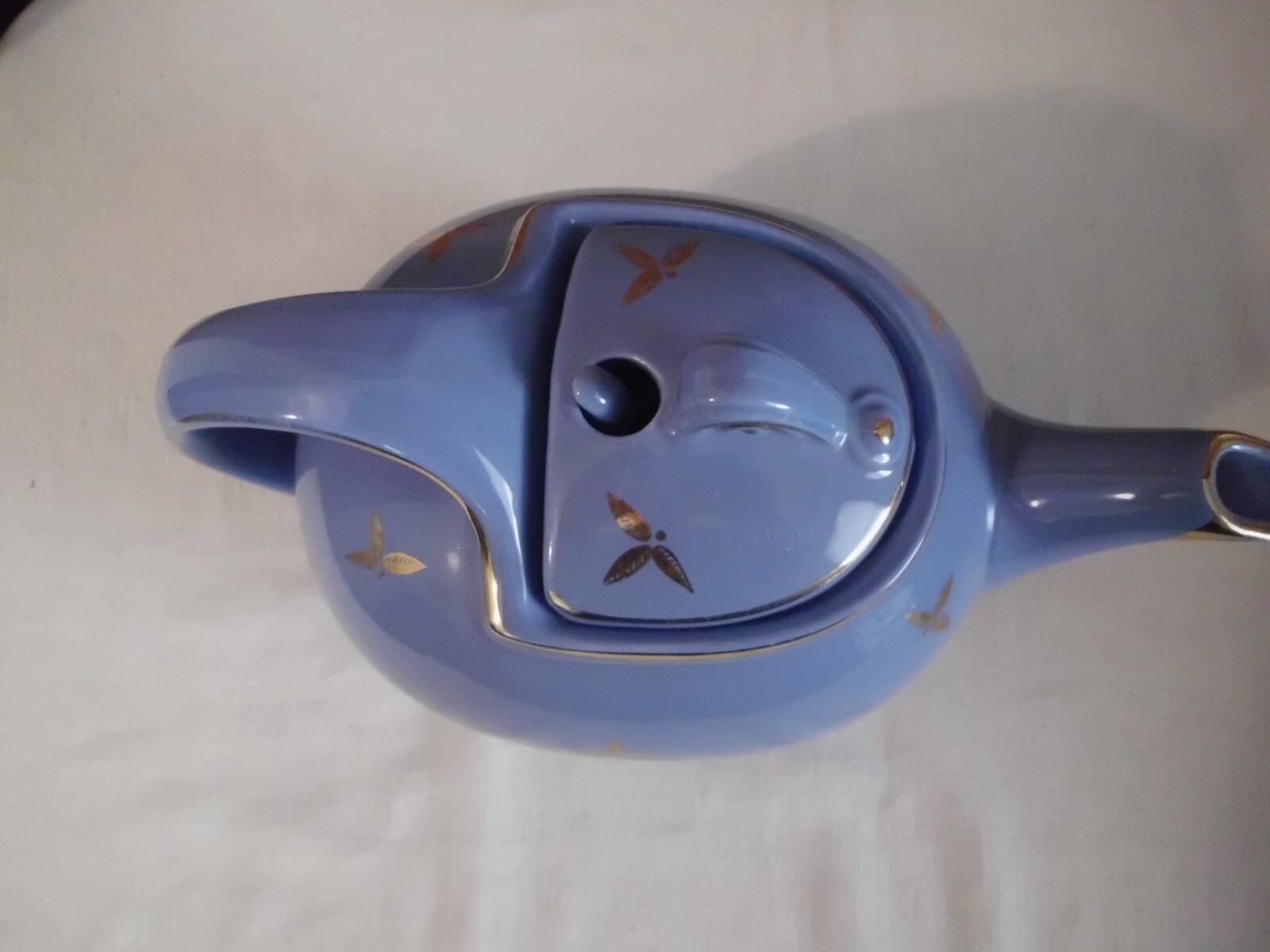 Vintage Hall China Teapot 0749 Hook Lid Cadet Blue 6 Cup Gold Flower