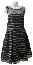 Eliza J Cocktail Dress Size 12 Black Polka Dot & Stripe Print Charmeuse
